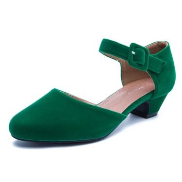 Imagem de Sapato social feminino de salto grosso, salto baixo, tira no tornozelo, bico fechado, D'Orsay, trabalho, casamento, salto, bomba, veludo verde, 38 EUA 6,5, Veludo verde, 35