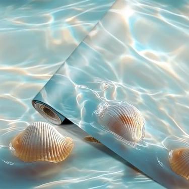 Imagem de HOMETITUTE Papel de parede oceano descascar e colar papel de parede praia contato estrela do mar e concha adesivo de parede de vinil autoadesivo removível para banheiro decoração costeira 39.9 cm x