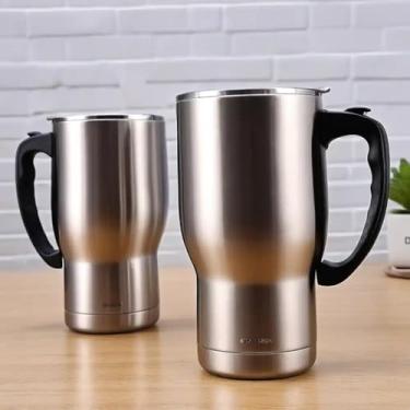 Imagem de Caneca Térmica Parede Dupla em Aço Inox Bege 850ml com Alça Ergonômica - Estilo Esportivo