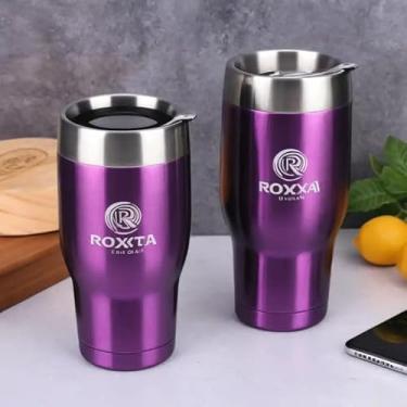 Imagem de Caneca Térmica Parede Dupla em Aço Inox Roxa 550ml com Tampa Flip - Estilo Com Logo
