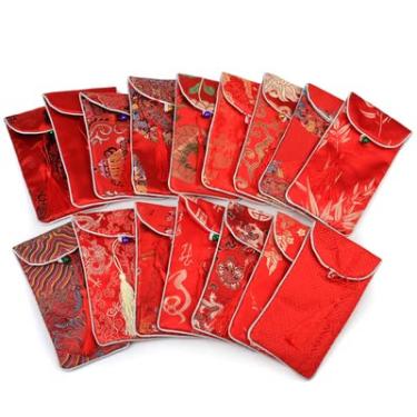Imagem de Only My Live Home Bolsas femininas para celular com alça de tecido para óculos bolsa de joias atacado brocado de seda chinesa sacos de embalagem 10 peças (17 x 8 cm, padrão vermelho aleatório (10