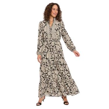 Imagem de London Times Vestido maxi feminino de manga comprida com botões frontais e cintura elástica com babados, Preto/Osso, 50