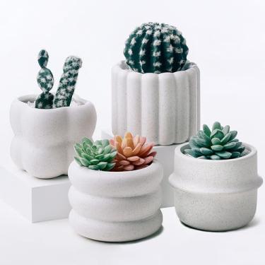 Imagem de Parlamain Conjunto de 4 vasos de cerâmica para suculentas para plantas de interior, vasos decorativos de 10 x 10 cm, decoração de casa moderna