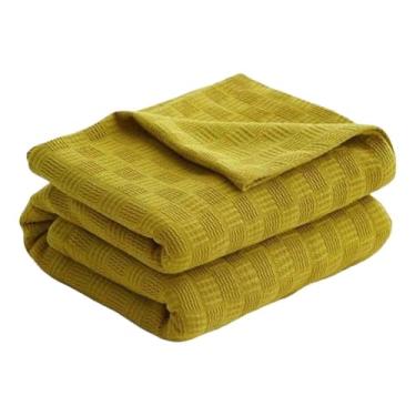 Imagem de Cobertor e mantas femininas masculinas para cama adulto casal solteiro para sofá verão colcha fio de algodão de malha é delicado, respirável e macio (amarelo, 200 x 230 cm)