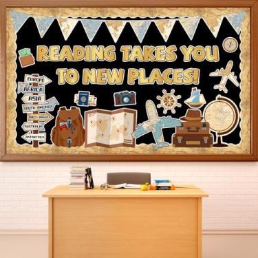 Imagem de Reading Takes You to New Places Classroom Bulletin Board Decoration Set Vintage Travel The Map Reading Cutouts Craft World Adventure Begin Motivational Affirmation Wall Poster Teacher Supplies