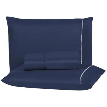 Imagem de Jogo De Lençol 400 Fios Percal 03 Peças Com Elástico Para Cama Box Toque Macio Jogo de cama Solteiro Casal Queen e King (Azul Marinho, King 3 Peças)