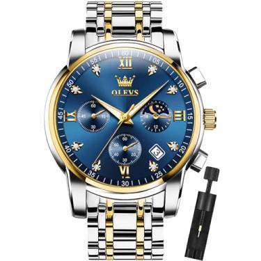 Imagem de OLEVS Relógio de pulso masculino com cronógrafo, de aço inoxidável, à prova d'água, luminoso, data, Dois tons de azul, Relógio de quartzo, cronógrafo