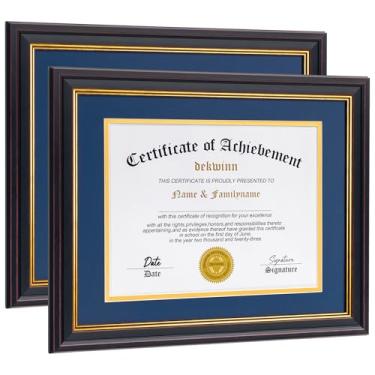 Imagem de DEKWINN, Molduras para diploma 21 x 28 cm com tapete ou 28 x 35 sem tapete, 2 molduras para documentos de certificado com vidro verdadeiro, moldura dourada preta e vinho (tapete duplo azul/dourado)