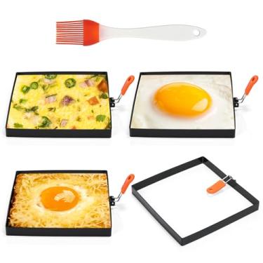 Imagem de Patelai 4 peças de anéis quadrados para ovos de 20 cm grandes de aço inoxidável para fritar moldes de panqueca para frigideira com alça de silicone laranja, escova de óleo para uso doméstico, omelete