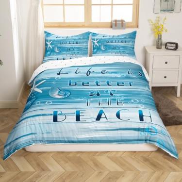 Imagem de jejeloiu Capa de edredom estrela-do-mar, praia, litoral, tamanho Queen, para crianças, meninos, meninas, azul, casa de fazenda, decoração de casa, verão, havaiano, marinha, oceano, concha marinha,