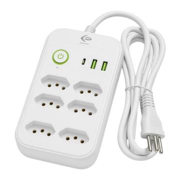 Imagem de Filtro de Linha Extensão 6 Tomadas 10A com 2 USB + 1 USB-C, Bivolt 2500W, Cabo Reforçado 2M, Fixação em Parede