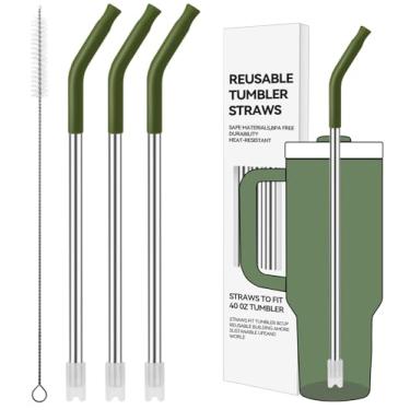 Imagem de Prurex Canudos de metal reutilizáveis com ponta de silicone para Stanley 1,134 g, canudos de aço inoxidável para copo de 1,134 g, 3 tubos retos e 6 pontas e 1 escova Cleanr (pinheiro seco)