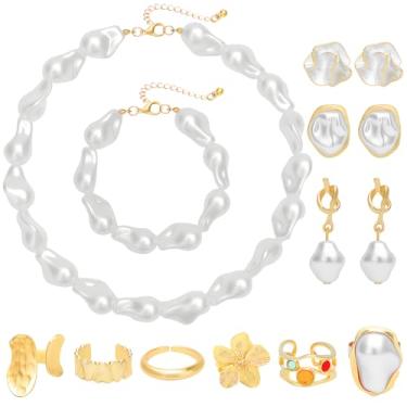 Imagem de NEWITIN Conjunto de 14 peças de joias de pérolas barrocas para mulheres, bijuterias, bijuterias, colar de pérolas falsas, pulseiras, brincos, conjunto de joias de casamento para mulheres noivas