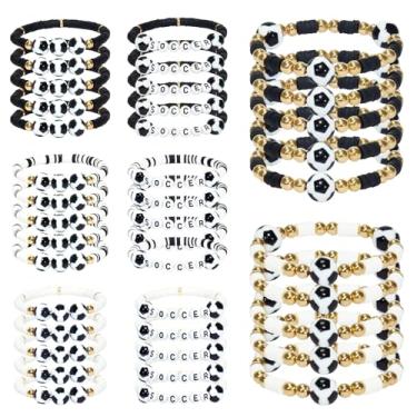 Imagem de 40 pulseiras com pingente de tema de futebol, pulseiras esportivas elásticas empilháveis com contas de argila, lembrancinhas de festa douradas feitas à mão, joias para mulheres, homens, equipes