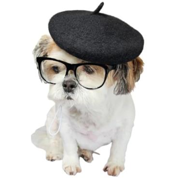 Imagem de C18 Conjunto de óculos de sol retrô + chapéu de boina ajustável para raças pequenas e médias, aproximadamente 6,8-18 kg, acessório de festa, cosplay sessão de fotos (lente preta dos anos 80 + chapéu