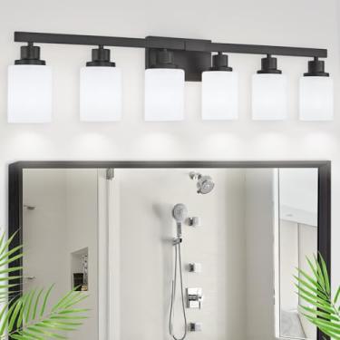 Imagem de DIKAIDA 6 luzes pretas claras, luminárias modernas de banheiro de 96 cm para espelho, luminárias de banheiro foscas, arandelas de parede pretas para quarto e sala de estar