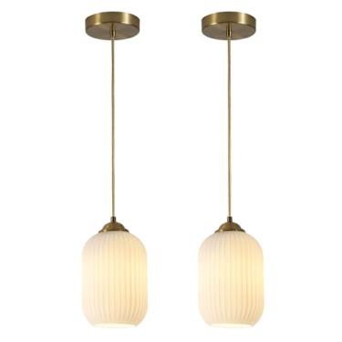 Imagem de Flyrose Luminária pendente dourada de meados do século, luzes penduradas ilha de cozinha, globo de vidro opala com nervuras brancas, luz pendente vintage, luminária contemporânea para sala de jantar