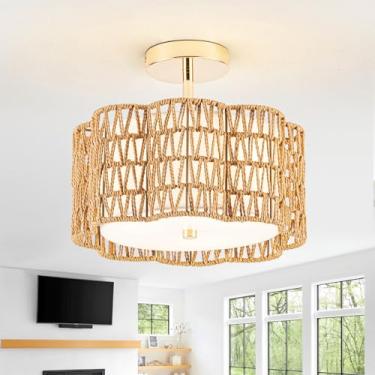 Imagem de Tbaoinla ✿ Luz de teto de vime de 35 cm tecida à mão | Suporte embutido Boho para quarto e berçário, luminária de cesta de fibra natural, luminária dourada