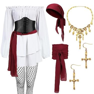 Imagem de Xtinmee 7 peças de fantasia de pirata feminina, blusa para adultos, espartilho e faixa de cabeça para festa de cosplay de Halloween, Cores vintage, G