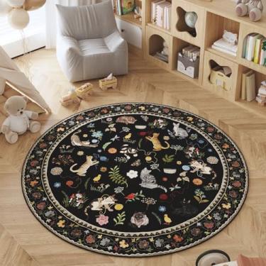 Imagem de Rugcomf Tapete redondo lavável de 1,8 m antiderrapante pelo baixo boho floral animal gato pequeno tapete circular para quarto, banheiro, entrada, quarto de crianças, escritório, faculdade, dormitório