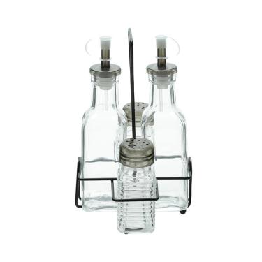 Imagem de Conjunto Galheteiro de Vidro Lyor 4 Peças com Suporte de Metal Preto Frascos 200ml e 80ml