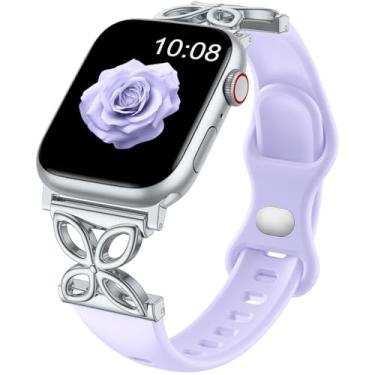 Imagem de IMIVIO Pulseira feminina de silicone fina compatível com relógio Apple 40 mm, 44 mm, 38 mm, 41 mm, 42 mm, 45 mm, 46 mm e 49 mm, elegante para Apple Watch séries 10, 9, 8, 7, 6, 5 e 4 SE, ultra (roxa)