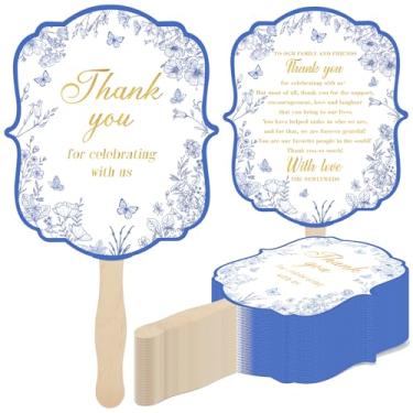 Imagem de Glavatrix 50 peças de fãs de casamento para convidados a granel, floral azul, leque de lembrancinha de casamento portátil com alça de madeira, obrigado por celebrar conosco, leques de papel para chá