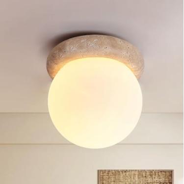 Imagem de WOSBO Luz de teto travertino amarelo, luzes de teto modernas de 15 cm com abajur branco e base de pedra travertino amarela, luminária Wabi Sabi para quarto, sala de estar, cozinha e ilha