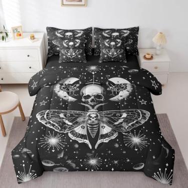 Imagem de Erosebridal Jogo de cama casal de traça de caveira, conjunto de edredom de caveira gótica de 7 peças, decoração de quarto lua e estrelas, cama gótica em uma bolsa para crianças, meninos, meninas,