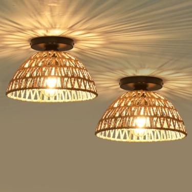Imagem de IHENGYANLT Pacote com 2 luminárias para casa de fazenda de 25,9 cm H, luz de teto de montagem semi-embutida em rotim marrom, luminárias de corredor tecidas à mão para entrada do quarto