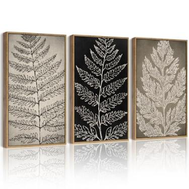 Imagem de Drsoum Arte de parede de folha botânica vintage emoldurada retrô boêmio preto caramelo planta rústica natureza samambaia silhueta impressões quarto sala de estar pronto para pendurar moldura natural