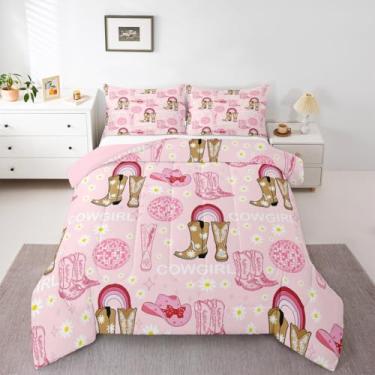 Imagem de Feelyou Conjunto de cama Western, macio, para meninos e meninas, cowgirl, tamanho casal, com laço rosa, edredom de microfibra, laço, decoração de quarto, 3 peças com 2 fronhas