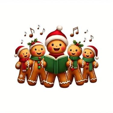 Imagem de Bonecos de gengibre em chapéus de Natal adesivos de vinil de PVC adesivos adesivos autoadesivos à prova d'água para carros, laptops, caminhões, motocicletas, parede, janela, bagagem, capa de arranhão