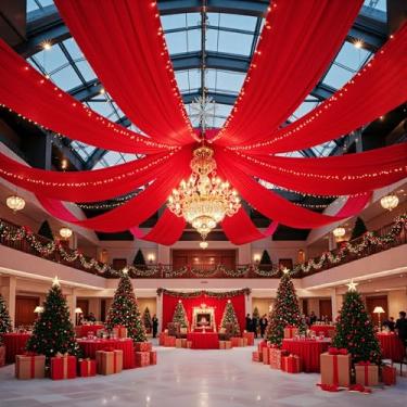 Imagem de PartyVillage 2 painéis 1,5 m x 9,1 m cortinas de teto vermelhas para festas de casamento – 7,5 m de poliéster grosso extra longo sem rugas, decoração de barraca para festa de aniversário, cerimônia de