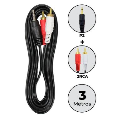 Imagem de Cabo Auxiliar P2 Macho Para 2 Rca Macho 3M Som Estéreo Audio