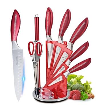 Imagem de Conjunto de blocos de facas, conjunto de facas de cozinha de 8 peças com suporte de armazenamento rotativo, conjunto de facas afiadas de aço inoxidável, conjunto de facas de chef para cozinha com