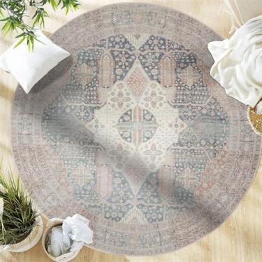 Imagem de ESSMOKO Tapete Étnico Redondo Tapete Retrô Tapete Quarto Sala de Estar Tapete Lavável na Máquina Fácil de Cuidar Tapete de Caxemira Artística, Retrô Rosa Claro, 80 cm