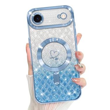 Imagem de Bonoma Compatível com Plus Case 2025 suporte para MagSafe, capa quadriculada magnética com glitter coração chapeado TPU proteção para câmera capa traseira para meninas mulheres - azul