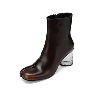 Imagem de Cuctos Bota feminina com bico dividido, salto bloco transparente, cano baixo, salto alto, tabi, zíper lateral, Marrom, 35