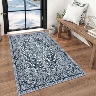 Imagem de KUTA Tapetes de 7 x 12 cm para entrada, antiderrapante, lavável, tapetes de cozinha, vintage, floral, azul marinho, ultra macio, estampado, medalhão tribal, entrada baixa, tapete para entrada, quarto