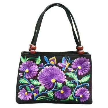 Imagem de Bolsa de ombro étnica bordada dupla face, para viagem, praia, vintage, bordada, étnica, Roxo floral, One Size