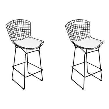 Imagem de Kit 2 Banquetas Bistrô Bertoia Preta D70 Com Assento Branco