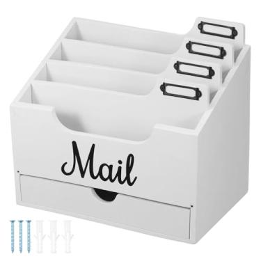 Imagem de KHZSPP Organizador de correio de madeira, durável e fácil de limpar, caixa de armazenamento de arquivos de mesa de madeira, suporte de envelope para material escolar de escritório em casa (branco)
