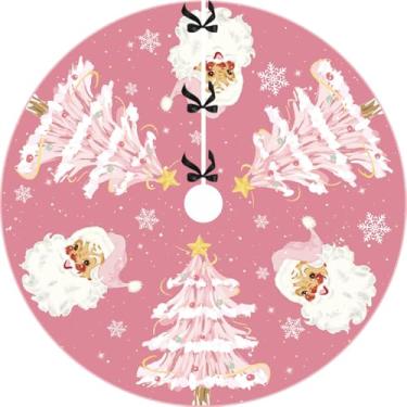 Imagem de Saia de árvore de Natal rosa branca 121 cm, saia de árvore de Papai Noel com gola de árvore de Natal padrão de floco de neve, decorações de festa de Natal de ano novo para ambientes internos e