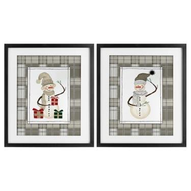 Imagem de Stupell Industries Conjunto de 2 peças de bonecos de neve aconchegantes em xadrez com moldura preta sob vidro, design de Cindy Jacobs, 21 x 17
