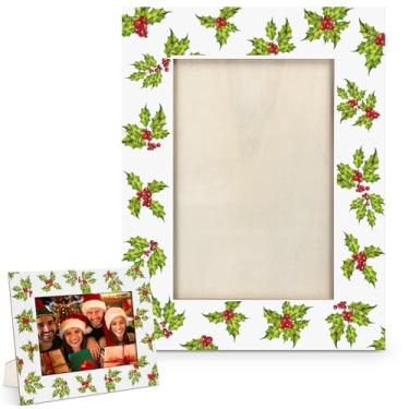 Imagem de Jetec Porta-retrato de Natal, 10 x 15 cm, moldura de madeira, decoração de mesa, presente festivo de Natal para amigos da família, decorações vintage para prateleira de festa em casa (baga retrô)
