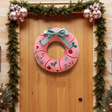 Imagem de Ashler Almofada de guirlanda de Natal - Almofada em forma de guirlanda de Natal com laço 3D, pelúcia curta macia e padrões de bordado, almofada decorativa rosa para decoração de quarto, sofá, festa