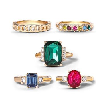 Imagem de Jessica Simpson Conjunto de anéis femininos tamanho 6-9 - 4 ou 5 peças, anéis empilháveis tom dourado com cristais ou prata oxidada com turquesa, Fantasia, Cristal