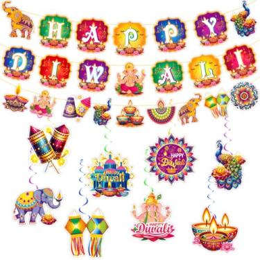 Imagem de KYMY Happy Diwali Banner Hanging Swirls Kit, Festival of Lights Ceiling Streamers with Diyas & Castle Cutouts, Deepavali Rangoli Hanging Decorations for Indian Hindu Themed Party Supplies Favors