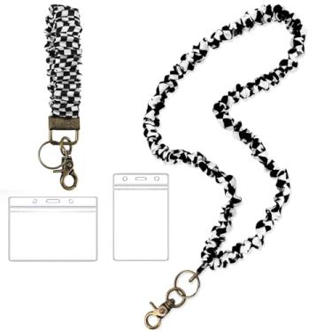 Imagem de Cordão Scrunchie com 2 porta-cartões de identificação, preto e branco, para crachás de identificação, cordões elásticos de professor para cartão de identificação/chaves/carteiras cordões elásticos